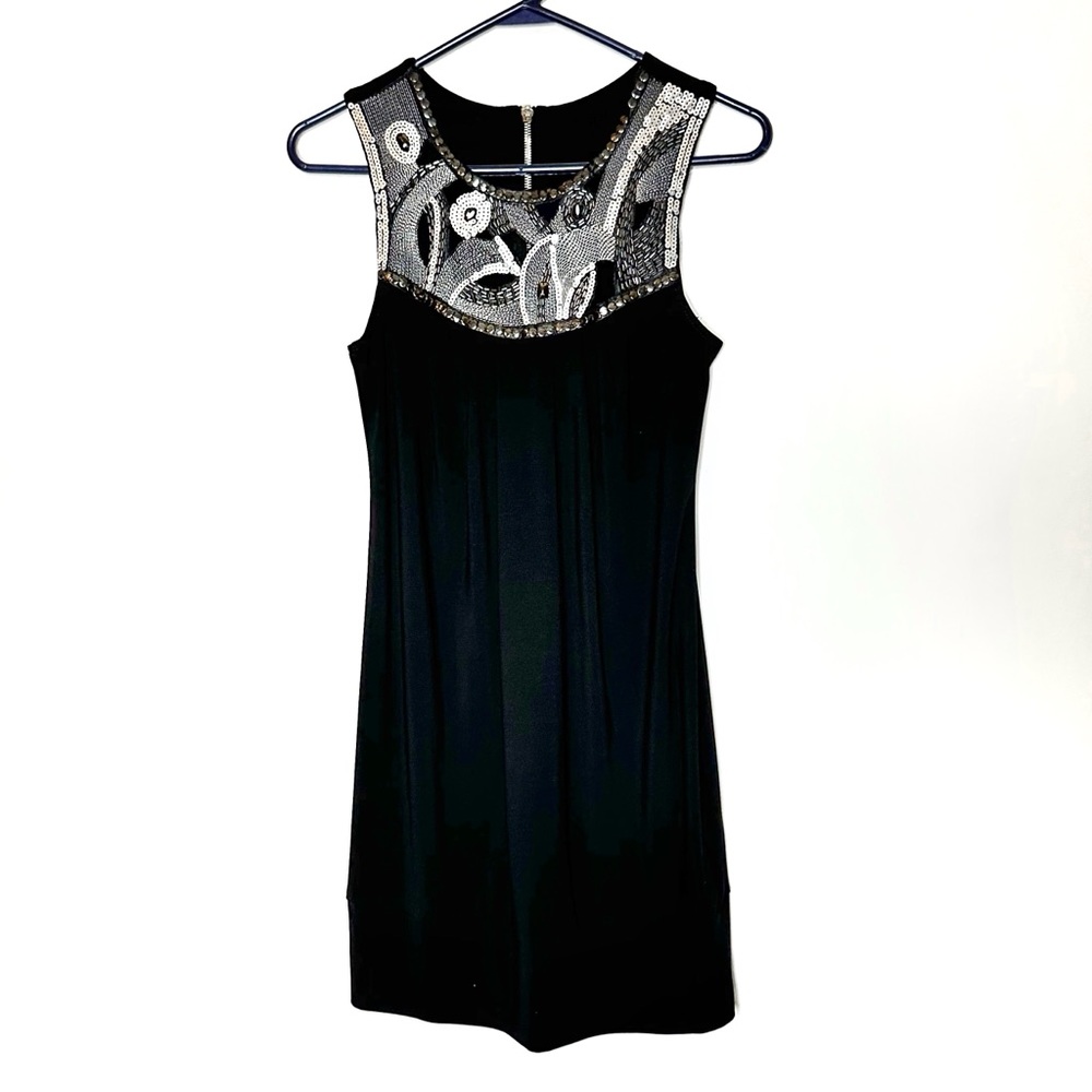 Vtg B. Darlin Black Silver Sleeveless Sequin Dress Sz S 14x33”